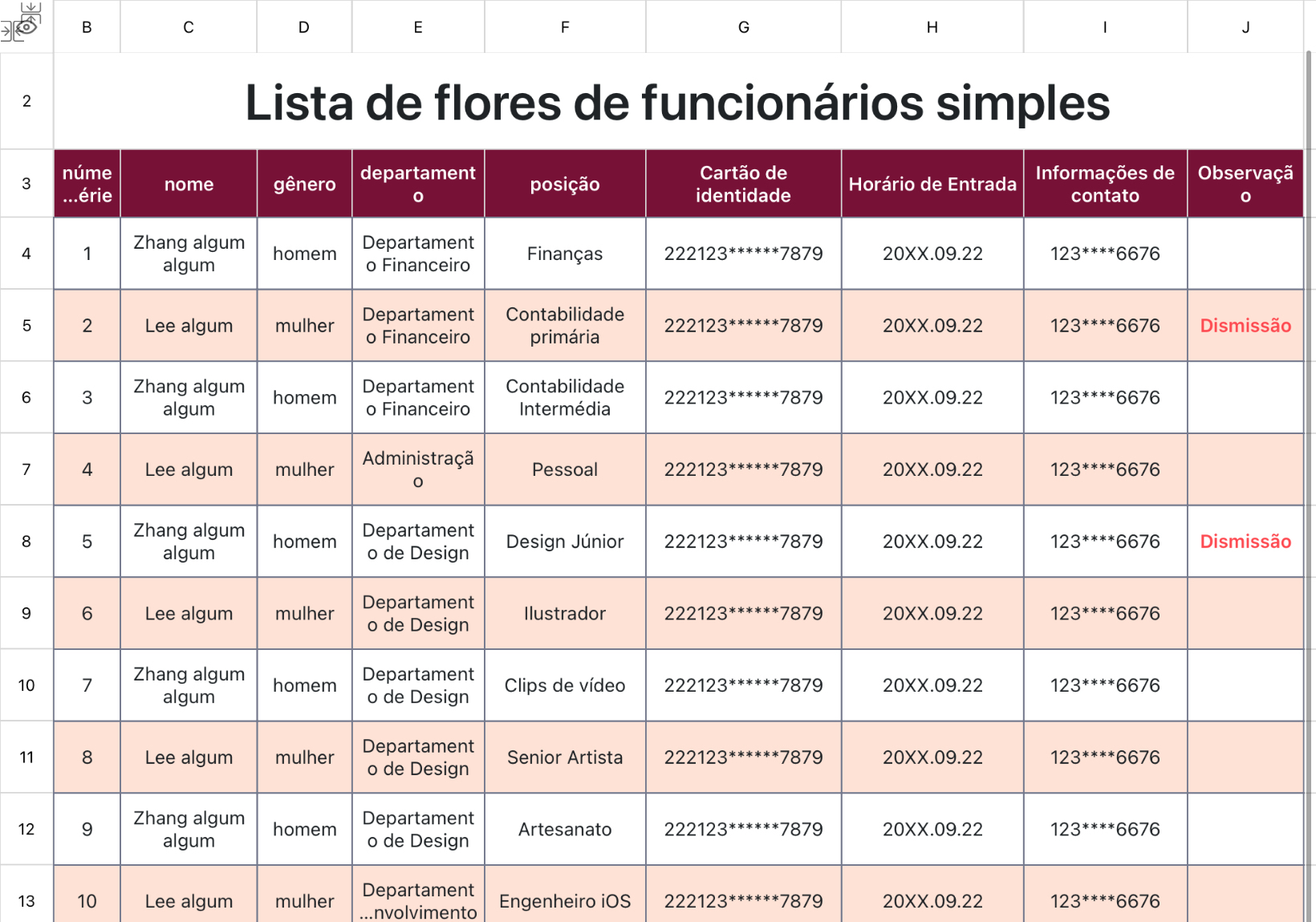 Lista de flores de funcionários simples